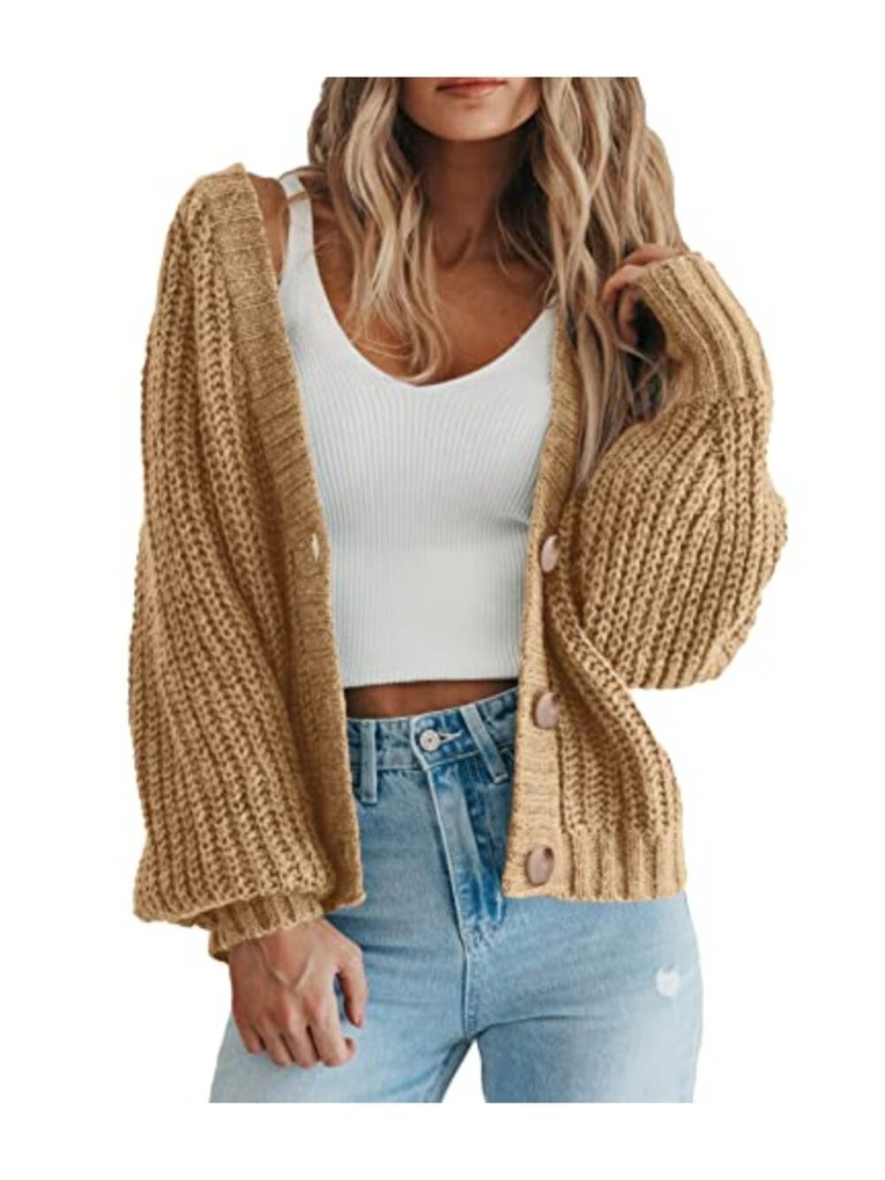 Womens Crop Cable Knit Cardigan Oversized Long Sleeve Button Sweater